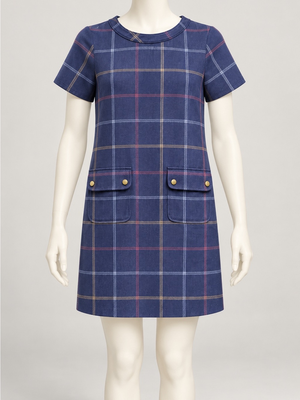 J. Crew Navy Plaid Short Sleeve Shift Dress with Gold Buttons